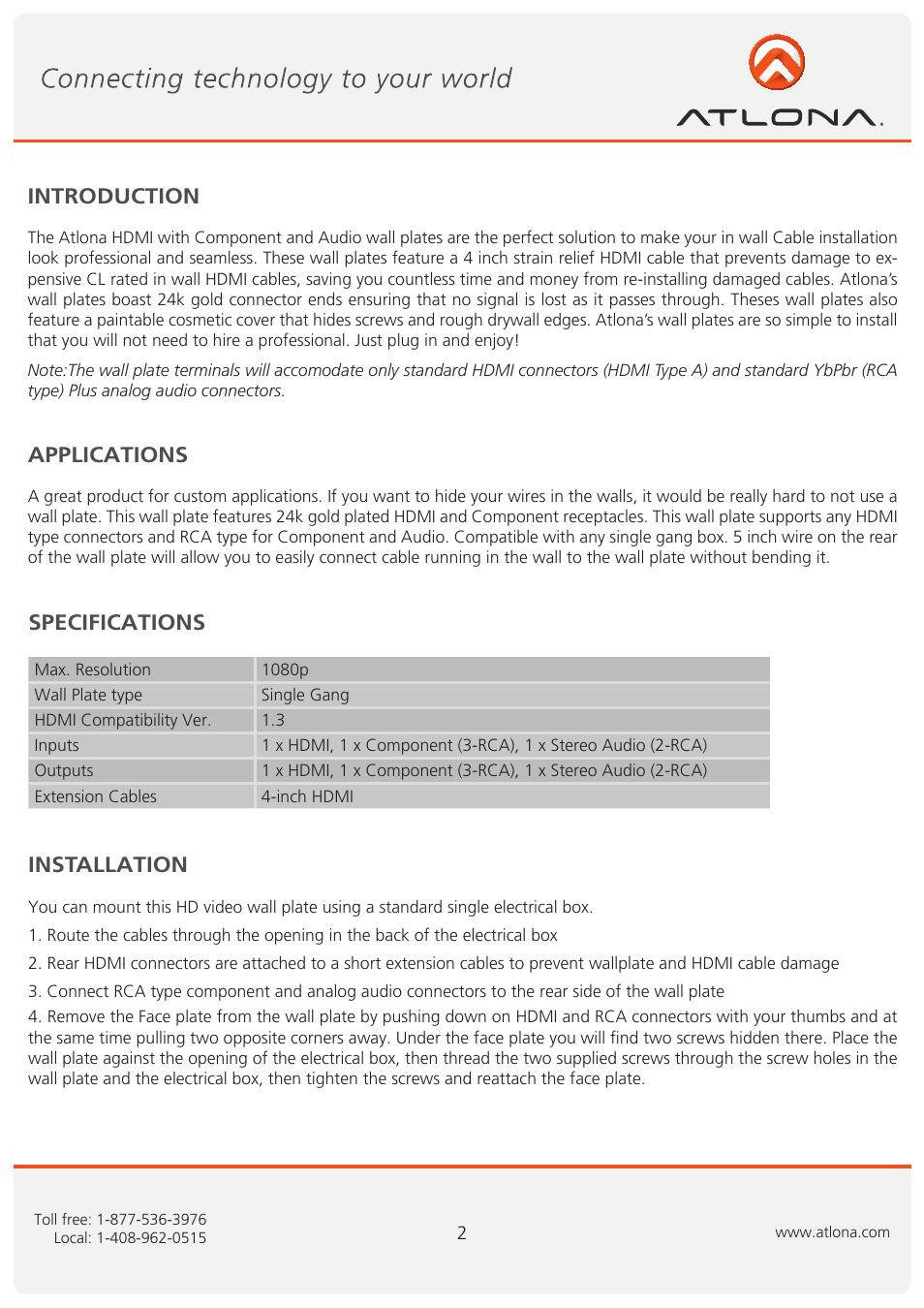Introduction applications, Specifications installation | Atlona AT80CHD 1 User Manual | Page 3 / 6