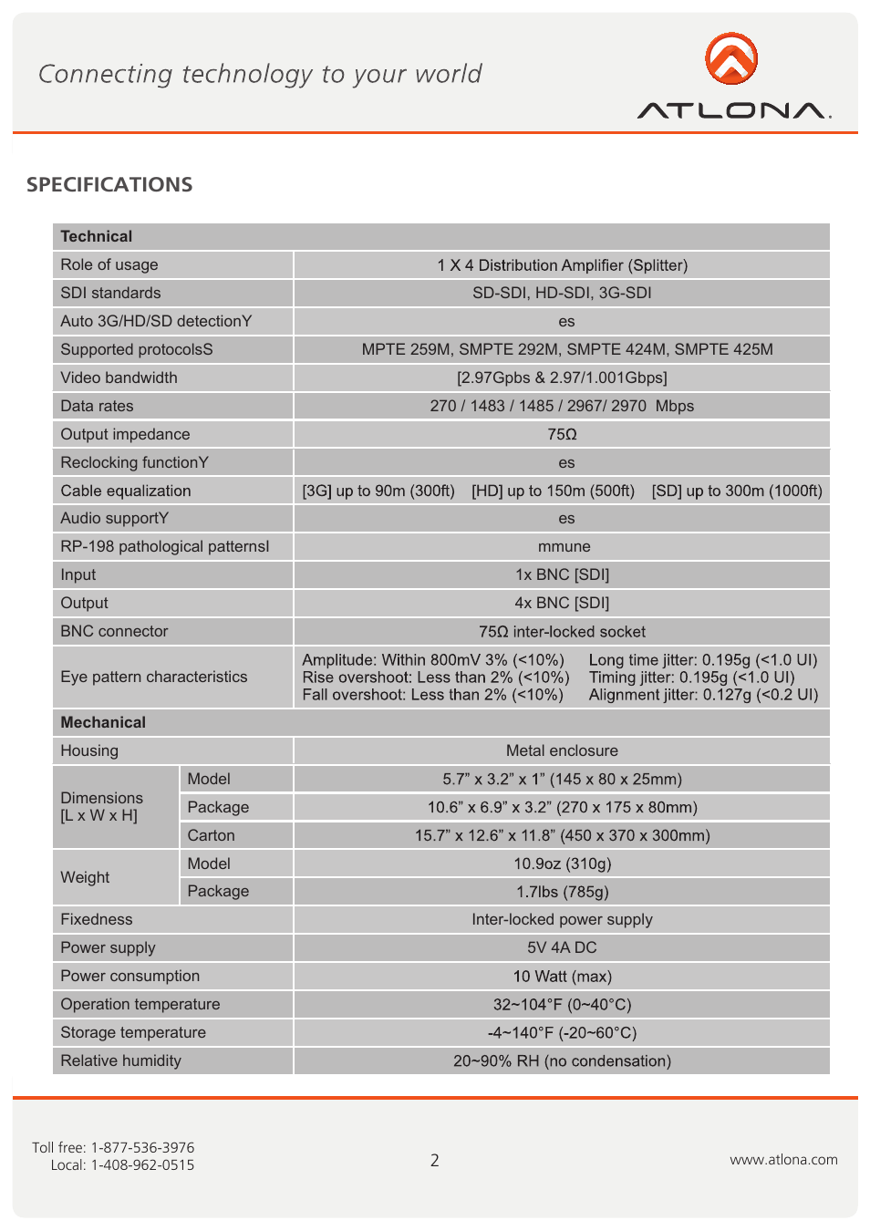 Specifications | Atlona AT3GSDI 14 User Manual | Page 3 / 9