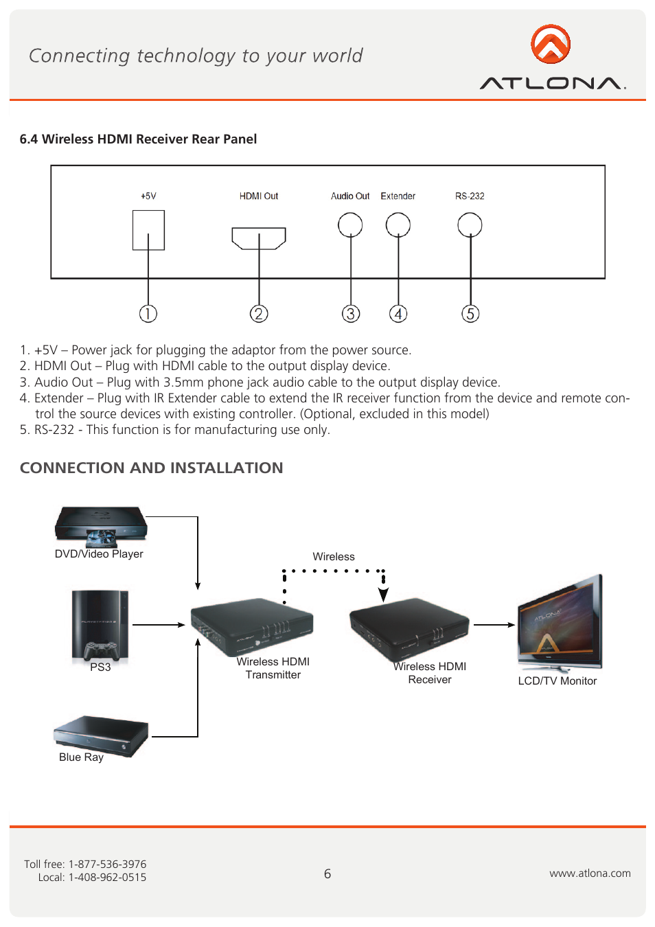 Connection and installation | Atlona AT WHD200 User Manual | Page 6 / 10