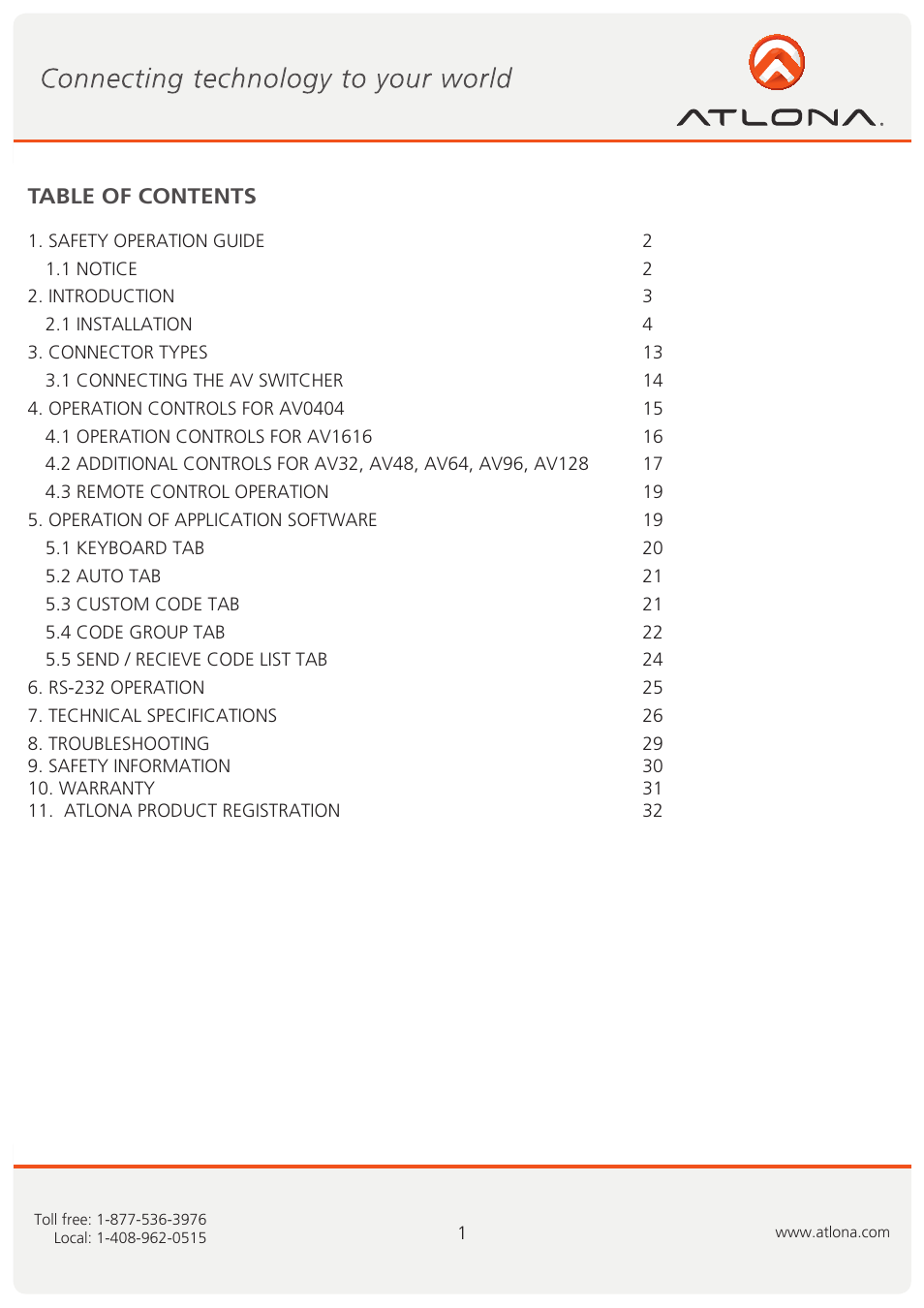 Atlona AT VIDEO MATRIX User Manual | Page 2 / 33