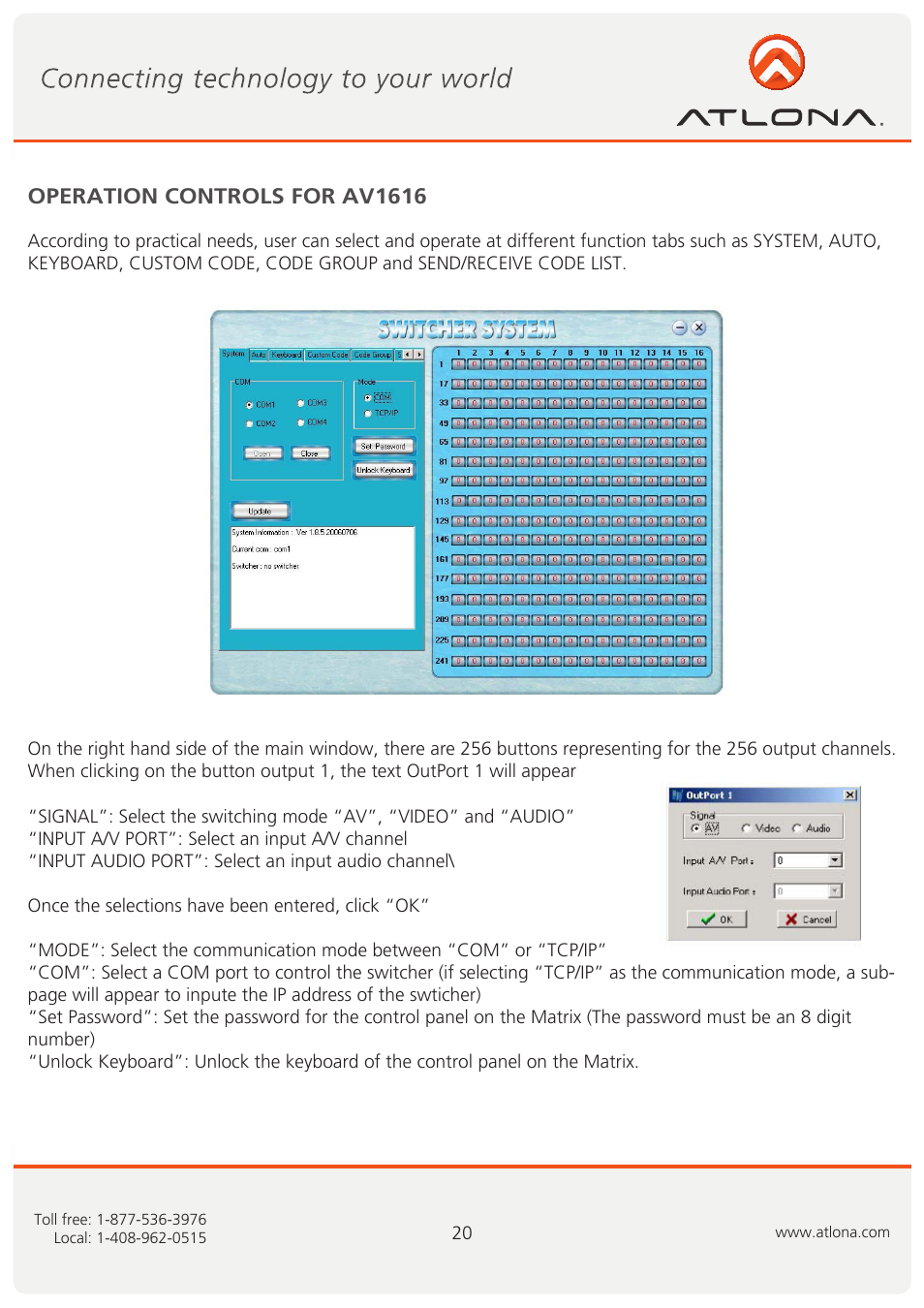 Operation controls for av1616 | Atlona AT VIDEO MATRIX User Manual | Page 21 / 33