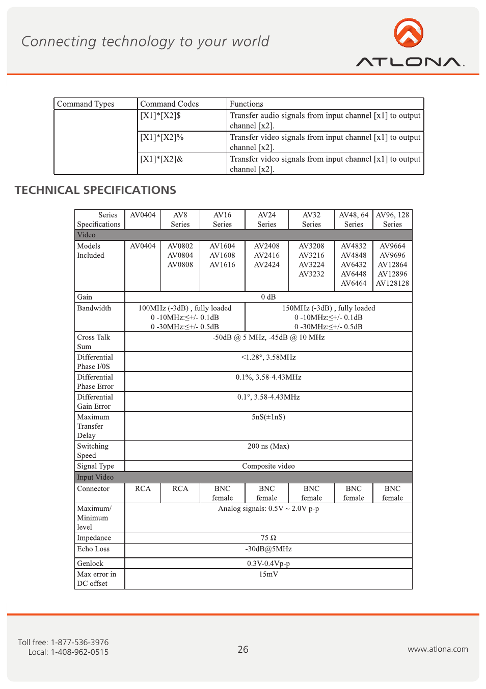 Technical specifications | Atlona AT VIDEO MATRIX User Manual | Page 27 / 33