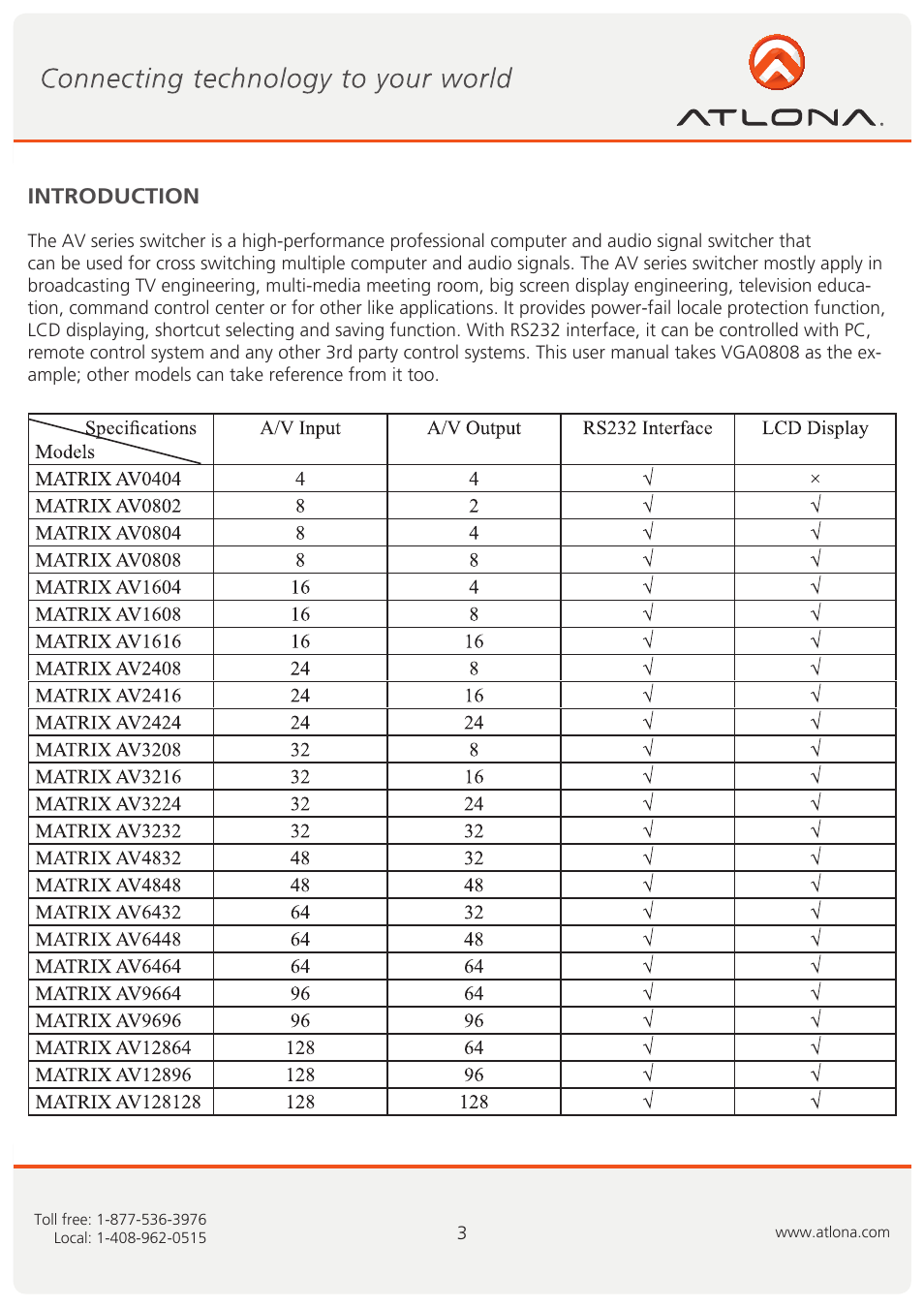 Introduction | Atlona AT VIDEO MATRIX User Manual | Page 4 / 33
