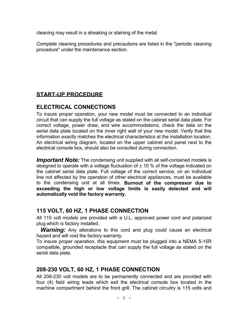 Start-up procedure, Electrical connections, 115 volt, 60 hz, 1 phase connection | 230 volt, 60 hz, 1 phase connection | Continental Refrigerator Refrigerators and Freezers User Manual | Page 12 / 36