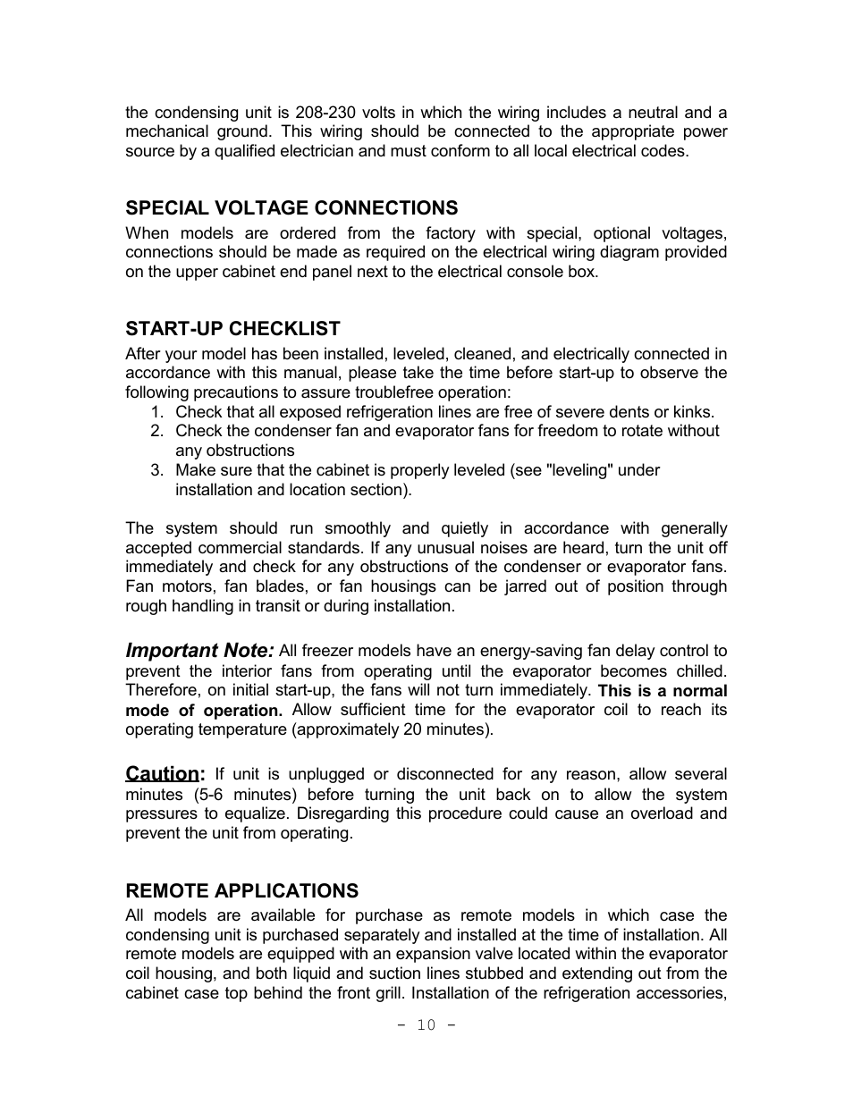 Special voltage connections, Start-up checklist, Remote applications | Continental Refrigerator Refrigerators and Freezers User Manual | Page 13 / 36