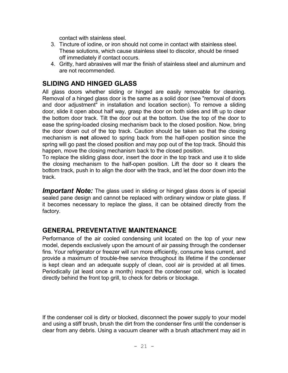 Sliding and hinged glass, General preventative maintenance | Continental Refrigerator Refrigerators and Freezers User Manual | Page 24 / 36