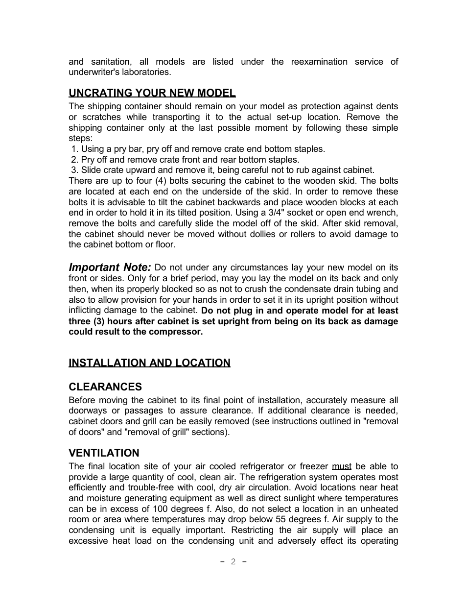 Uncrating your new model, Installation and location, Clearances | Ventilation, Uncrating your new model installation and location, Clearances ventilation | Continental Refrigerator Refrigerators and Freezers User Manual | Page 5 / 36