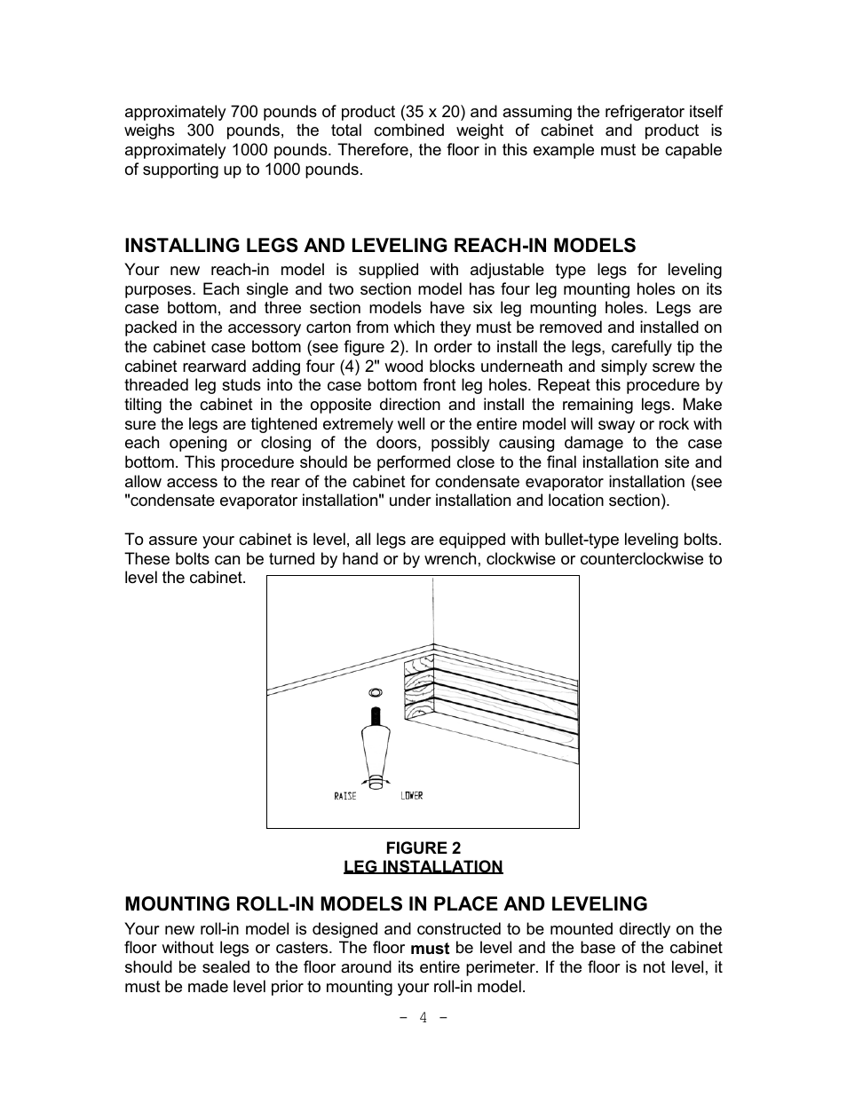 Installing legs and leveling reach-in models, Mounting roll-in models in place and leveling | Continental Refrigerator Refrigerators and Freezers User Manual | Page 7 / 36