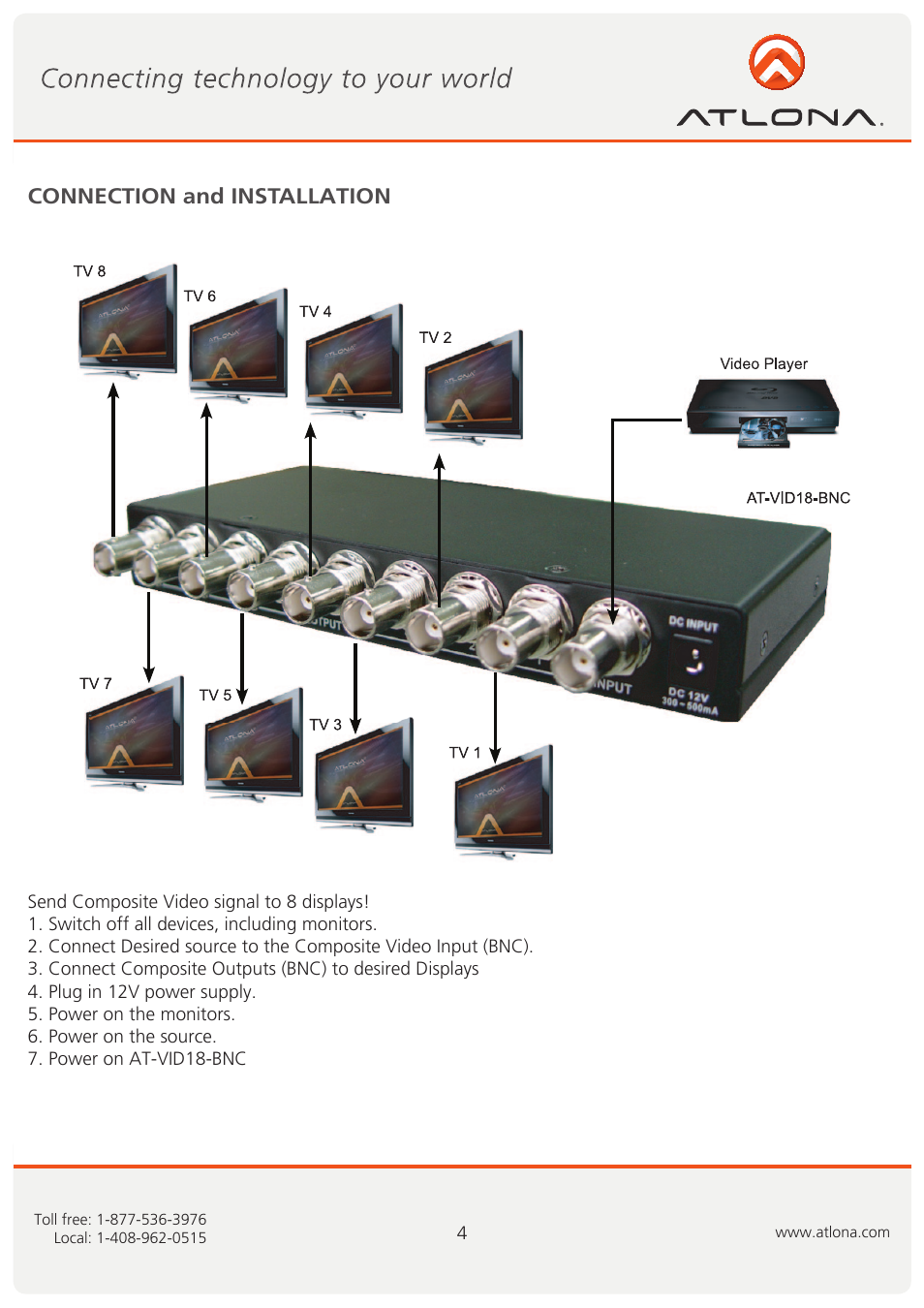 Connection and installation | Atlona AT VID18 BNC User Manual | Page 5 / 8