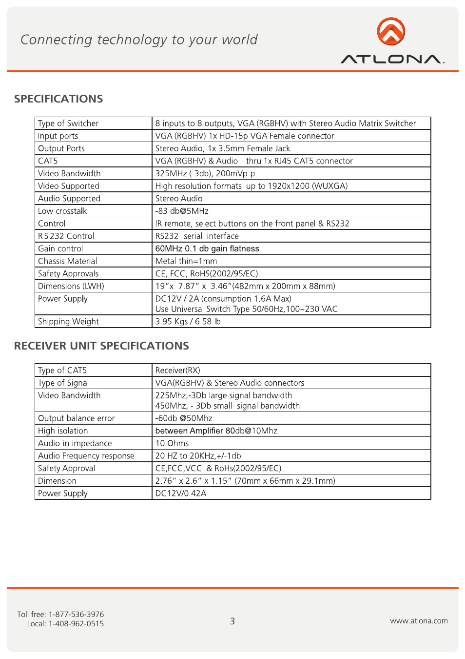 Specifications receiver unit specifications | Atlona AT VGA88M SR User Manual | Page 4 / 13