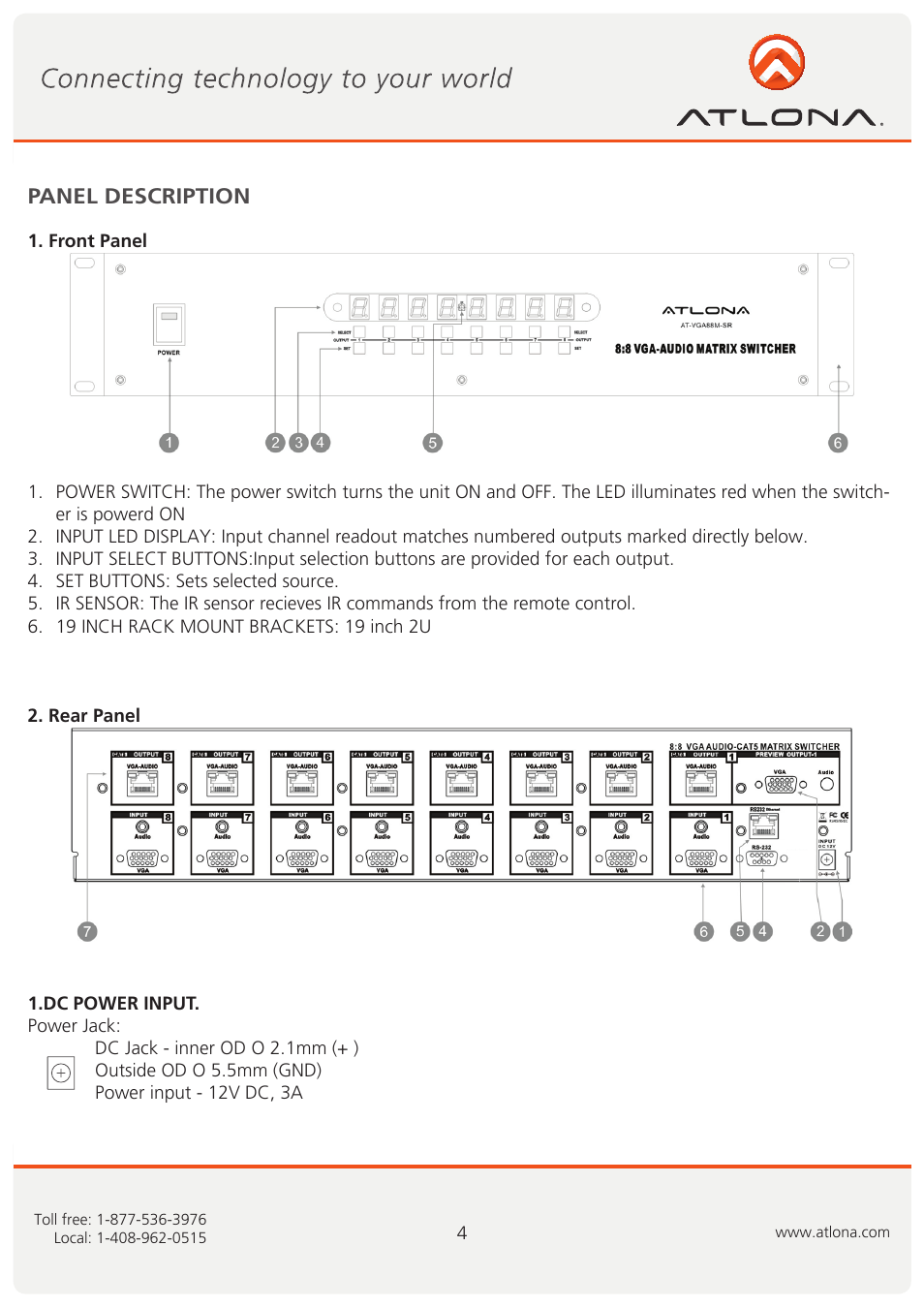 Panel description | Atlona AT VGA88M SR User Manual | Page 5 / 13