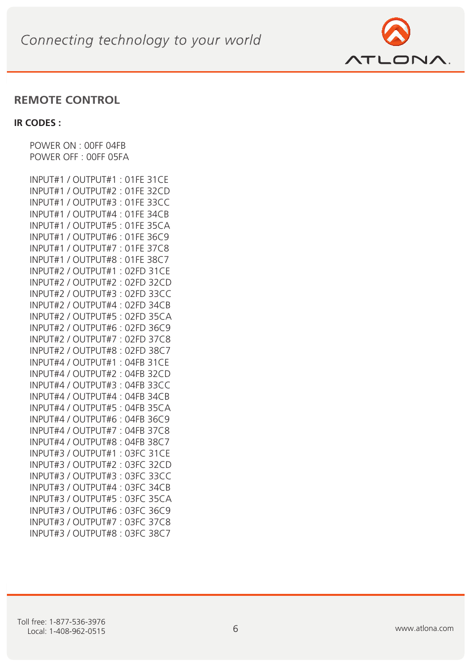 Remote control | Atlona AT VGA88M SR User Manual | Page 7 / 13