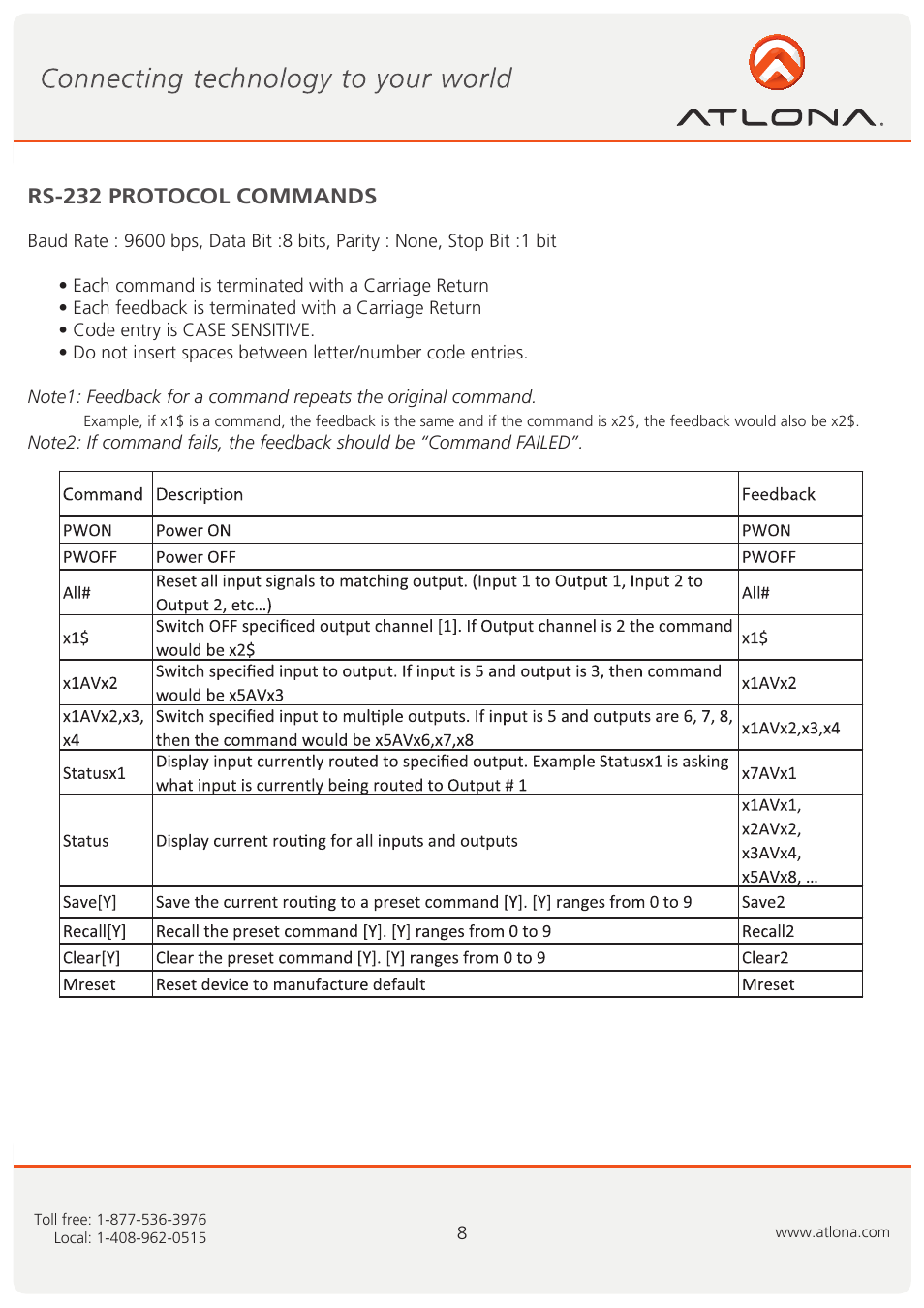 Rs-232 protocol commands | Atlona AT VGA88M SR User Manual | Page 9 / 13