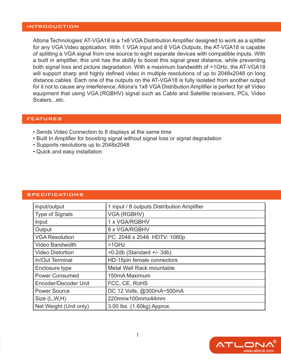 Atlona AT VGA18 User Manual | Page 3 / 8