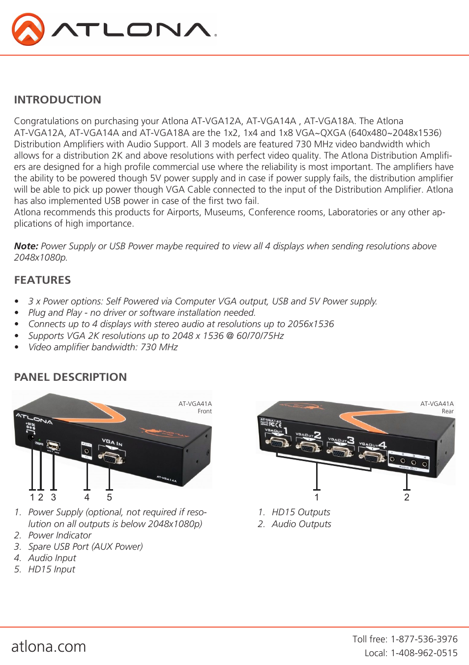 Introduction features panel description | Atlona AT VGA12A 14A 18A User Manual | Page 3 / 8