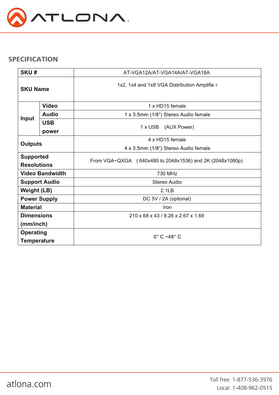 Specification | Atlona AT VGA12A 14A 18A User Manual | Page 4 / 8