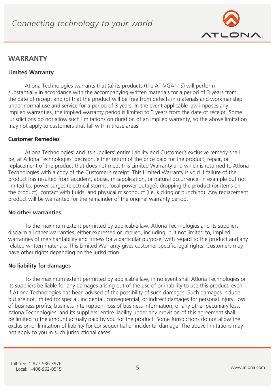 Atlona AT VGA11S User Manual | Page 6 / 7