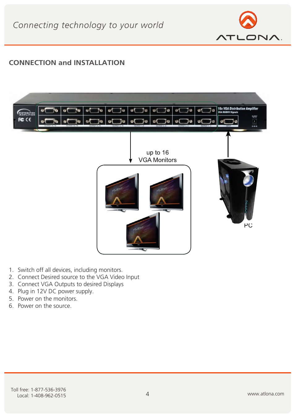 Connection and installation | Atlona AT VGA116 User Manual | Page 5 / 8