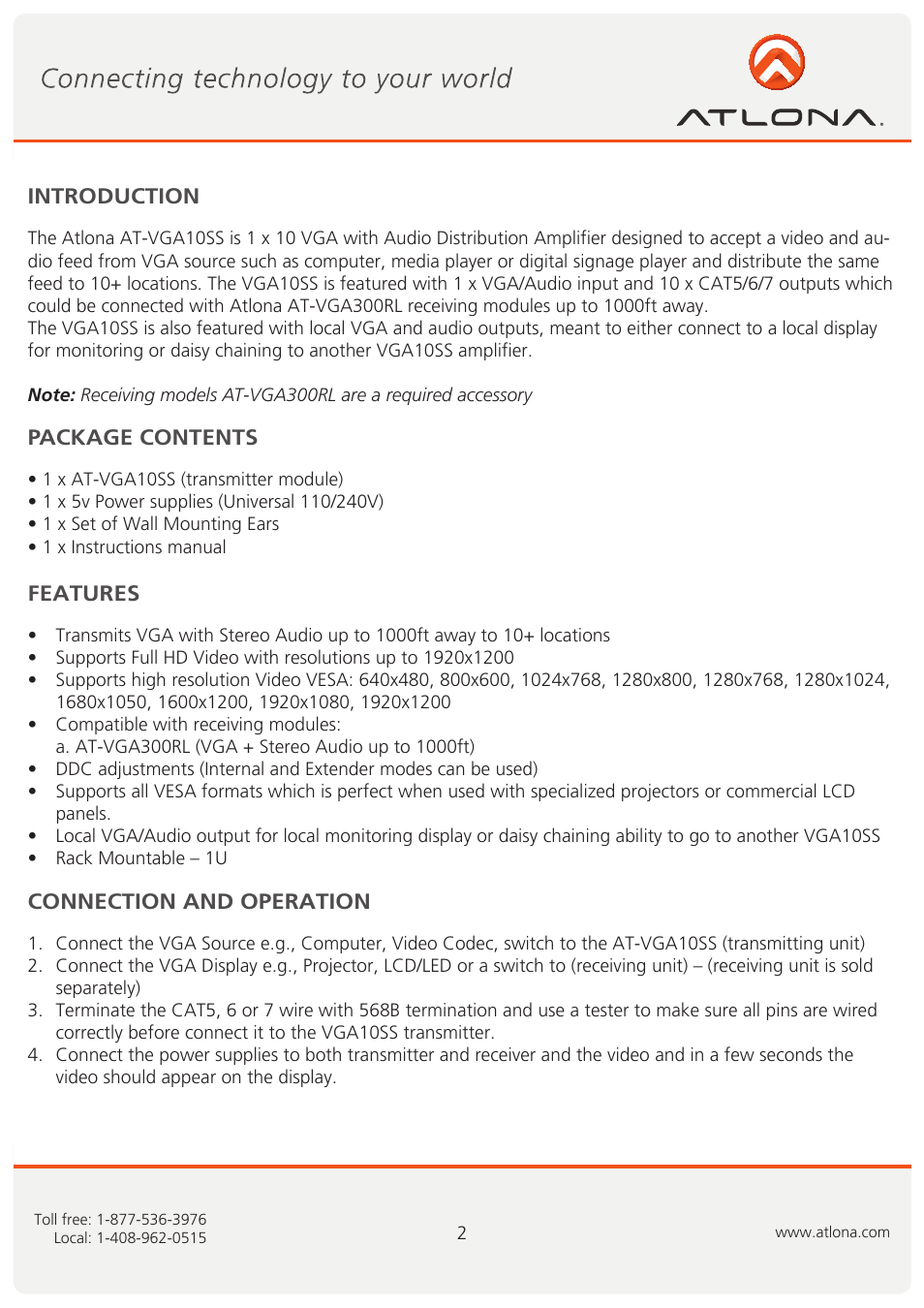 Atlona AT VGA10SS User Manual | Page 3 / 9