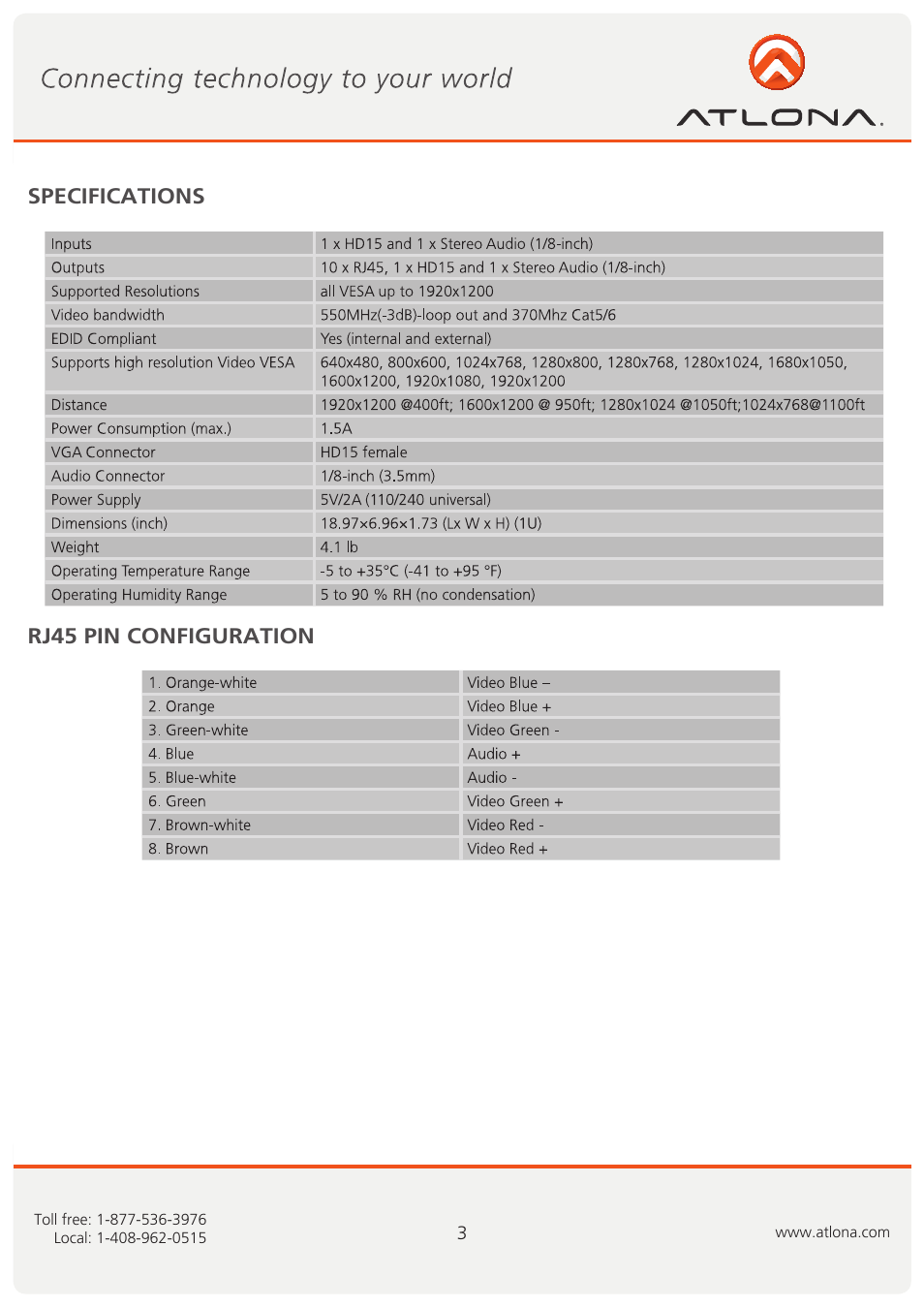 Specifications rj45 pin configuration | Atlona AT VGA10SS User Manual | Page 4 / 9