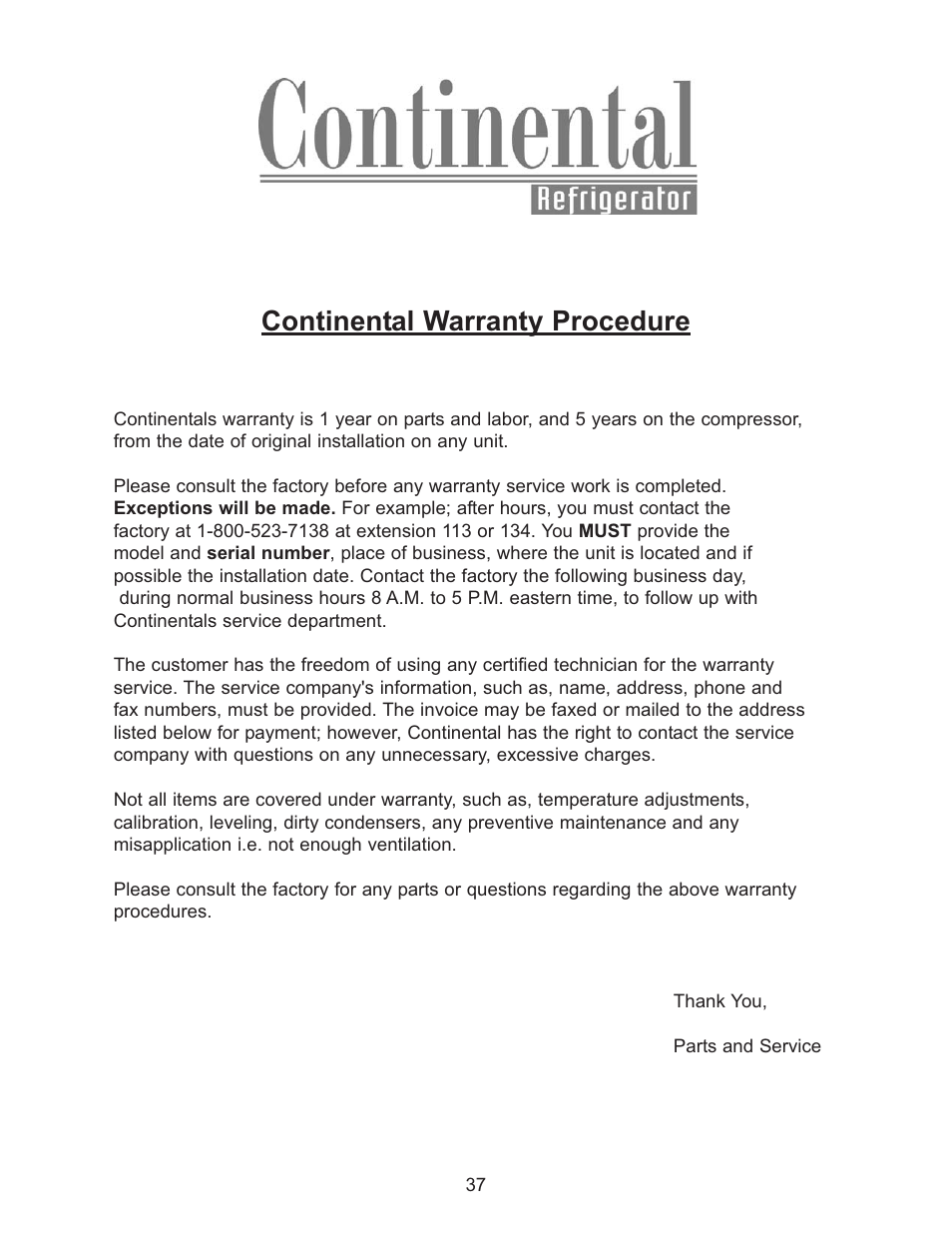 Continental warranty procedure | Continental Refrigerator 102004 User Manual | Page 37 / 39