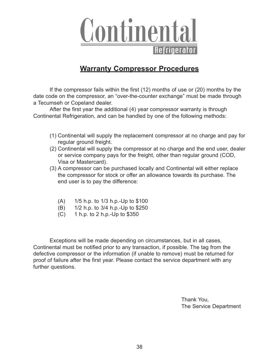 Warranty compressor procedures | Continental Refrigerator 102004 User Manual | Page 38 / 39