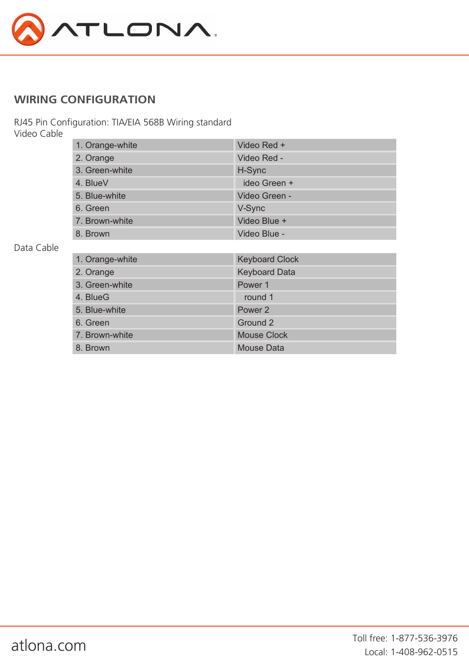 Wiring configuration | Atlona AT VGA100 WPVGA User Manual | Page 7 / 10