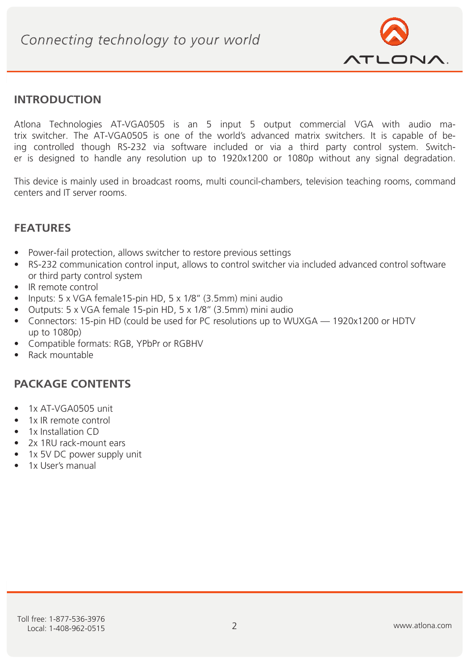 Atlona AT VGA0505 User Manual | Page 3 / 15