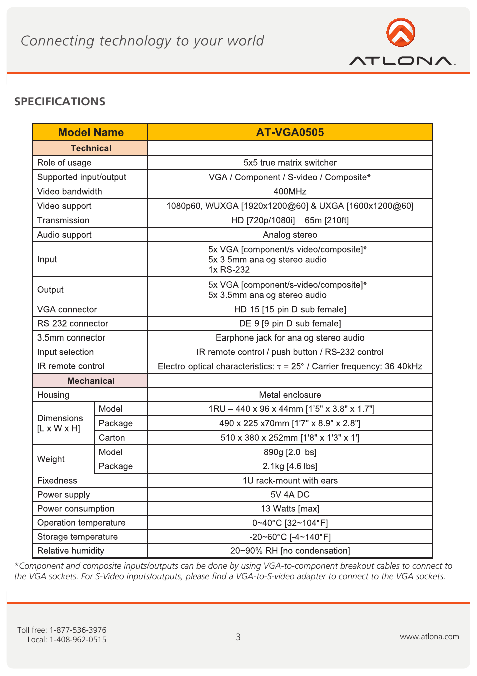 Specifications | Atlona AT VGA0505 User Manual | Page 4 / 15