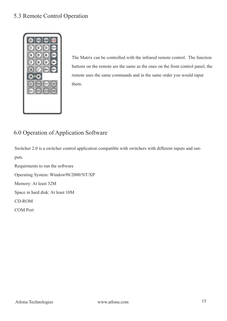 3 remote control operation, 0 operation of application software | Atlona AT VGA MATRIX User Manual | Page 15 / 24