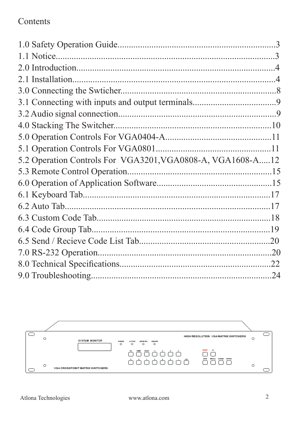 Atlona AT VGA MATRIX User Manual | Page 2 / 24