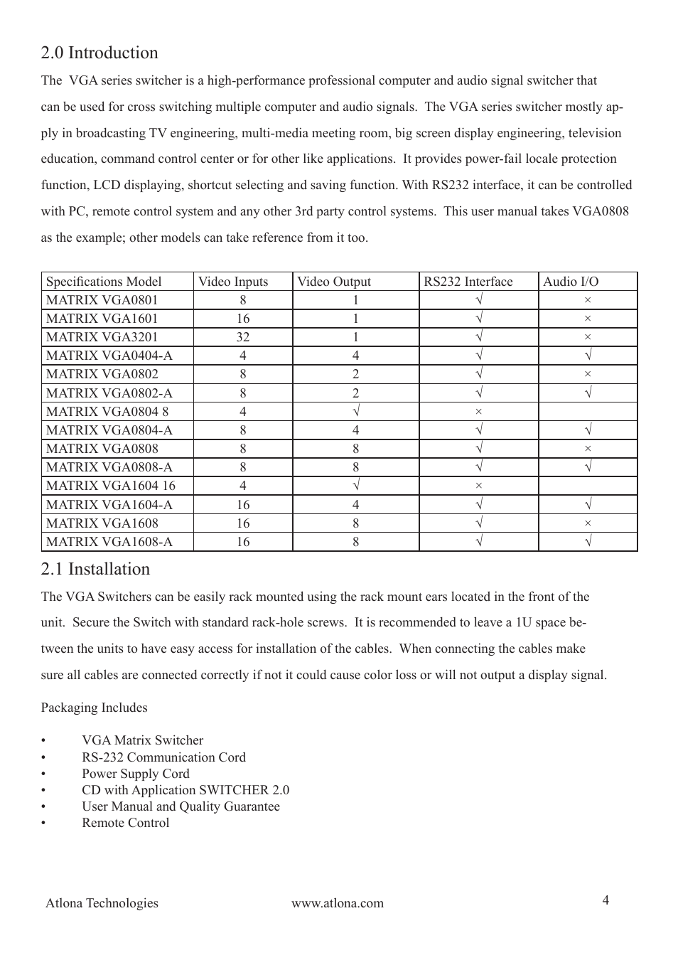 0 introduction, 1 installation | Atlona AT VGA MATRIX User Manual | Page 4 / 24