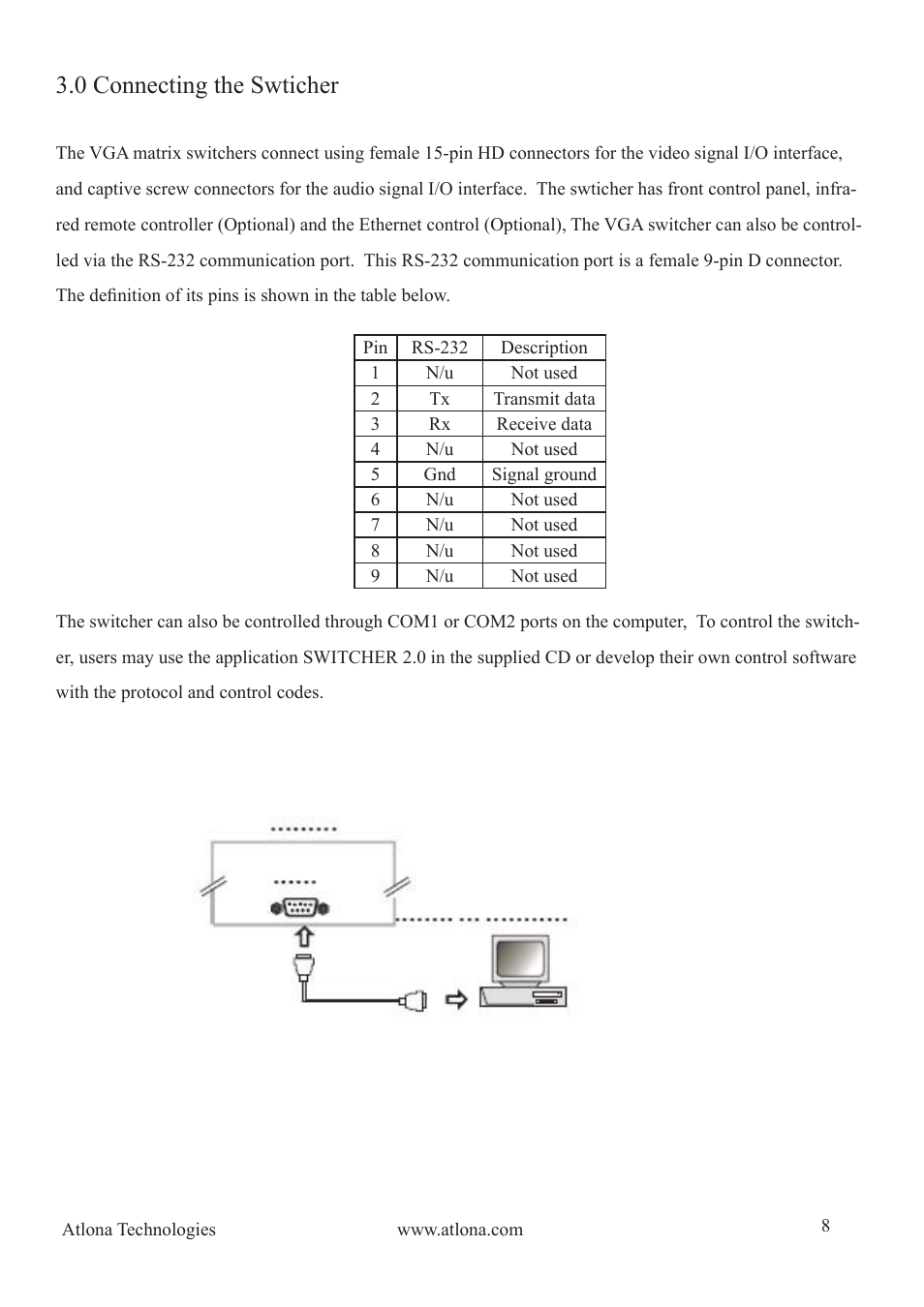 0 connecting the swticher | Atlona AT VGA MATRIX User Manual | Page 8 / 24