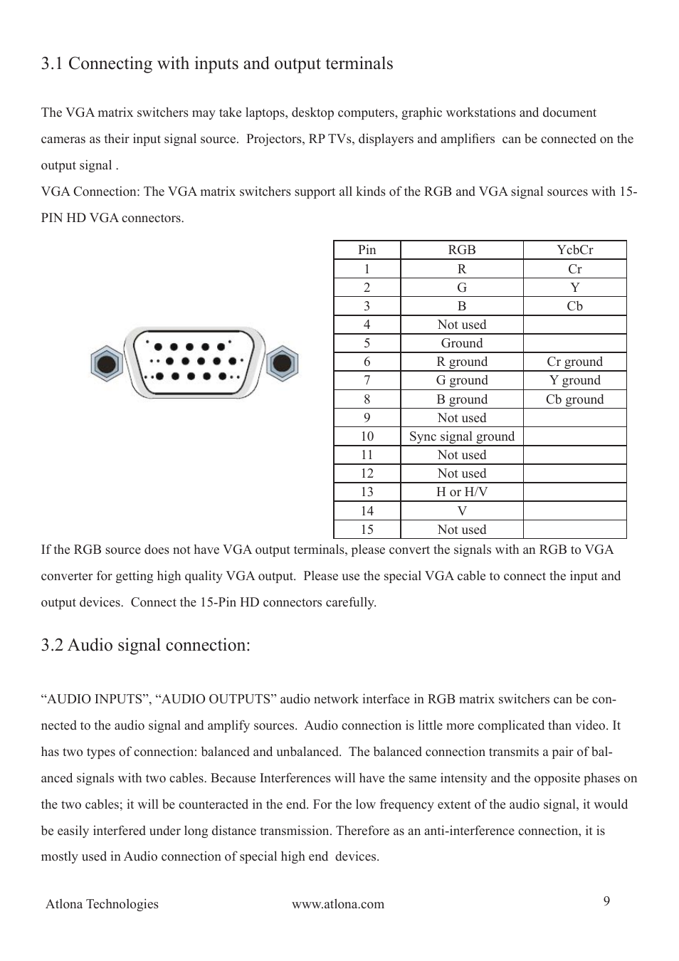 1 connecting with inputs and output terminals, 2 audio signal connection | Atlona AT VGA MATRIX User Manual | Page 9 / 24