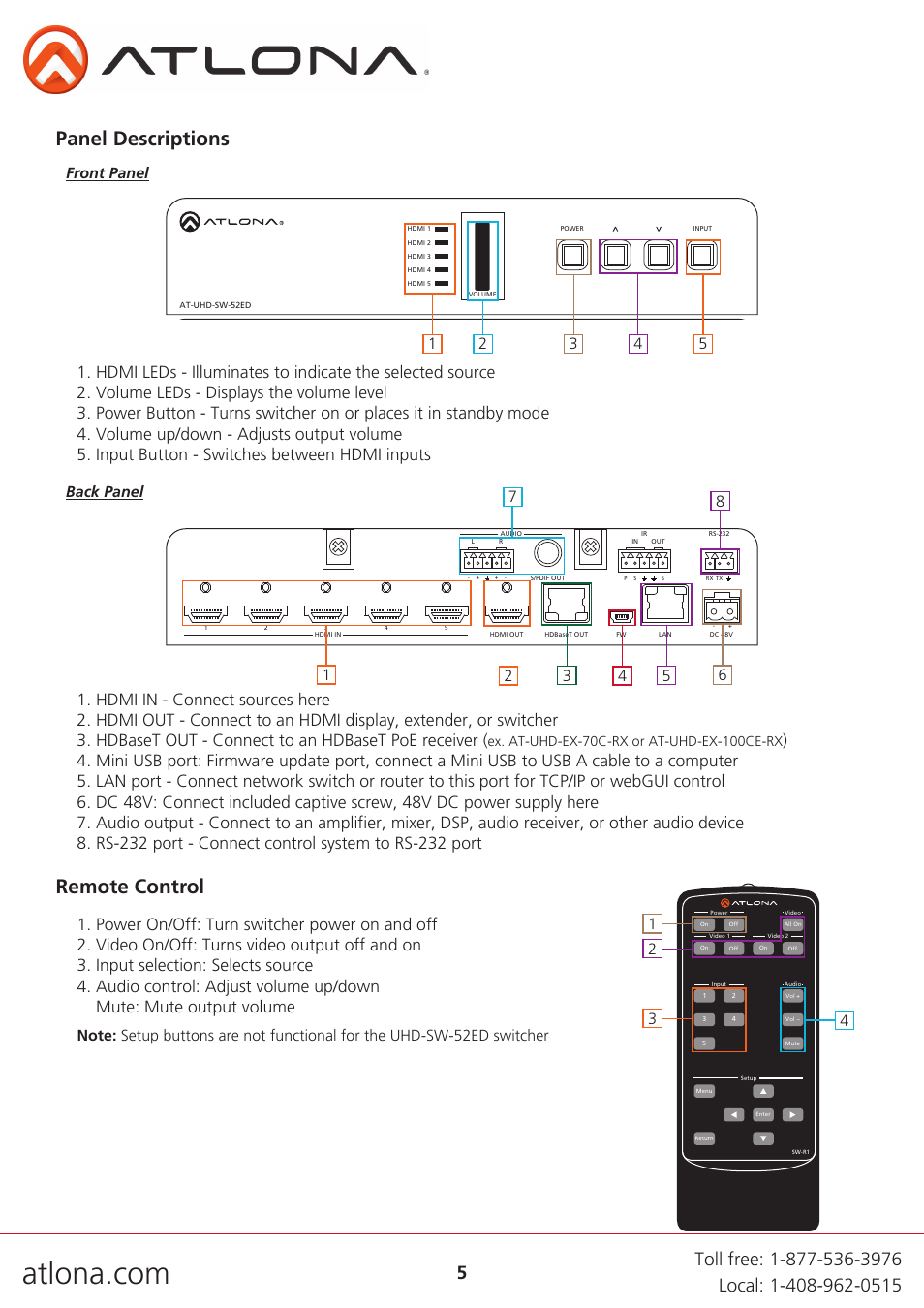 Remote control, Panel descriptions, Back panel | Front panel | Atlona AT UHD SW 52ED User Manual | Page 5 / 21