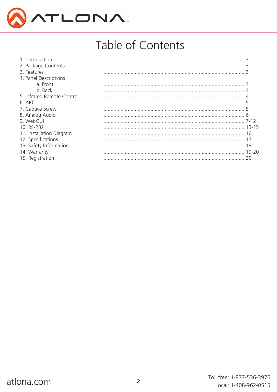 Atlona AT UHD SW 52 User Manual | Page 2 / 20