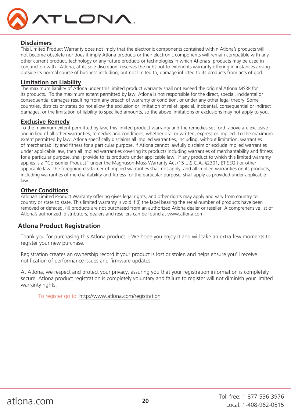 Atlona AT UHD SW 52 User Manual | Page 20 / 20