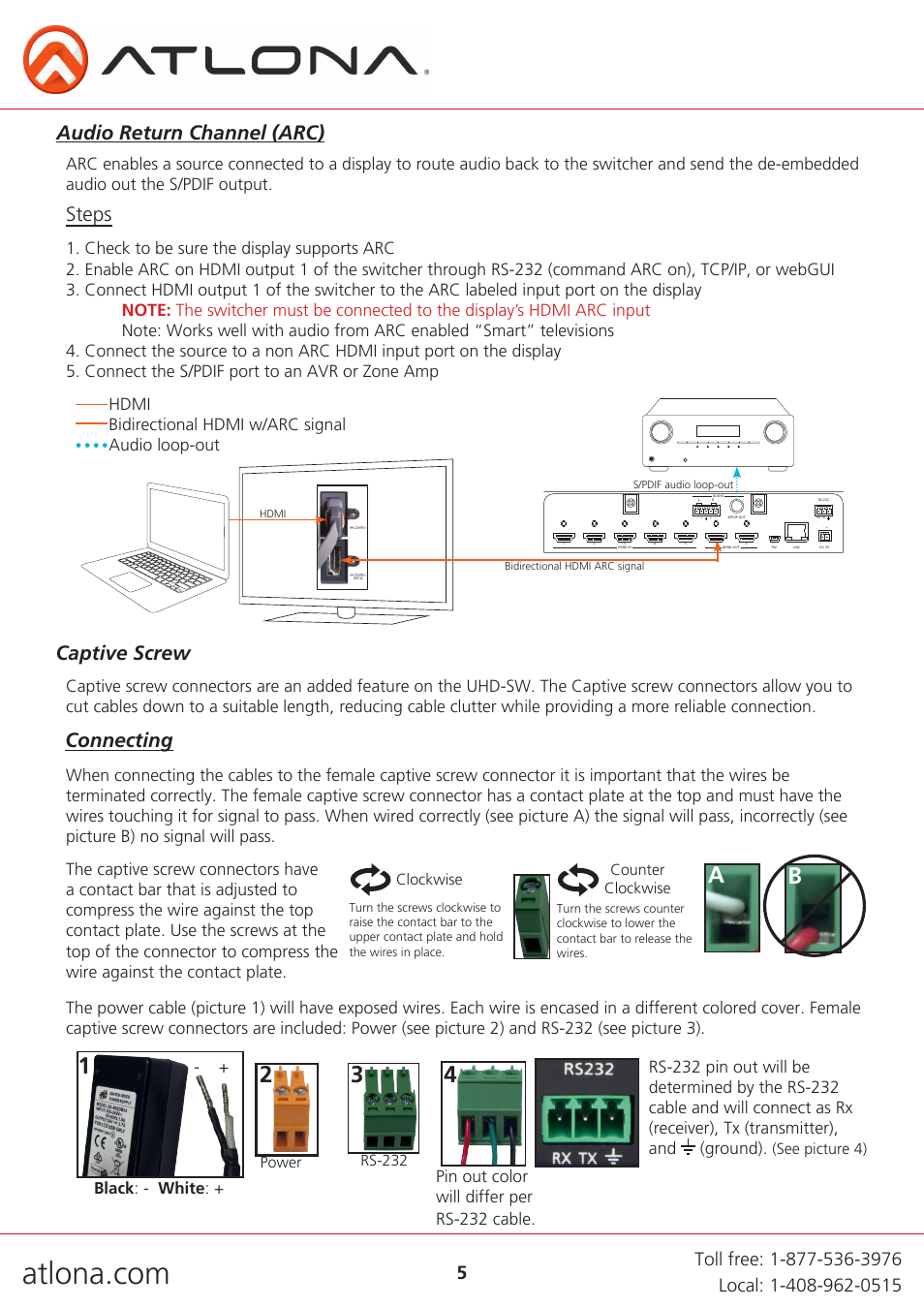 Ab 3, Captive screw, Audio return channel (arc) steps | Connecting, Pin out color will differ per rs-232 cable, Black : - white, Power rs-232 clockwise counter clockwise, See picture 4) | Atlona AT UHD SW 52 User Manual | Page 5 / 20
