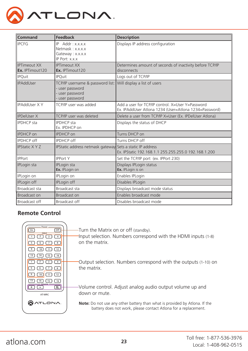 Remote control, Turn the matrix on or off | Atlona AT UHD PRO3-88M User Manual | Page 23 / 28