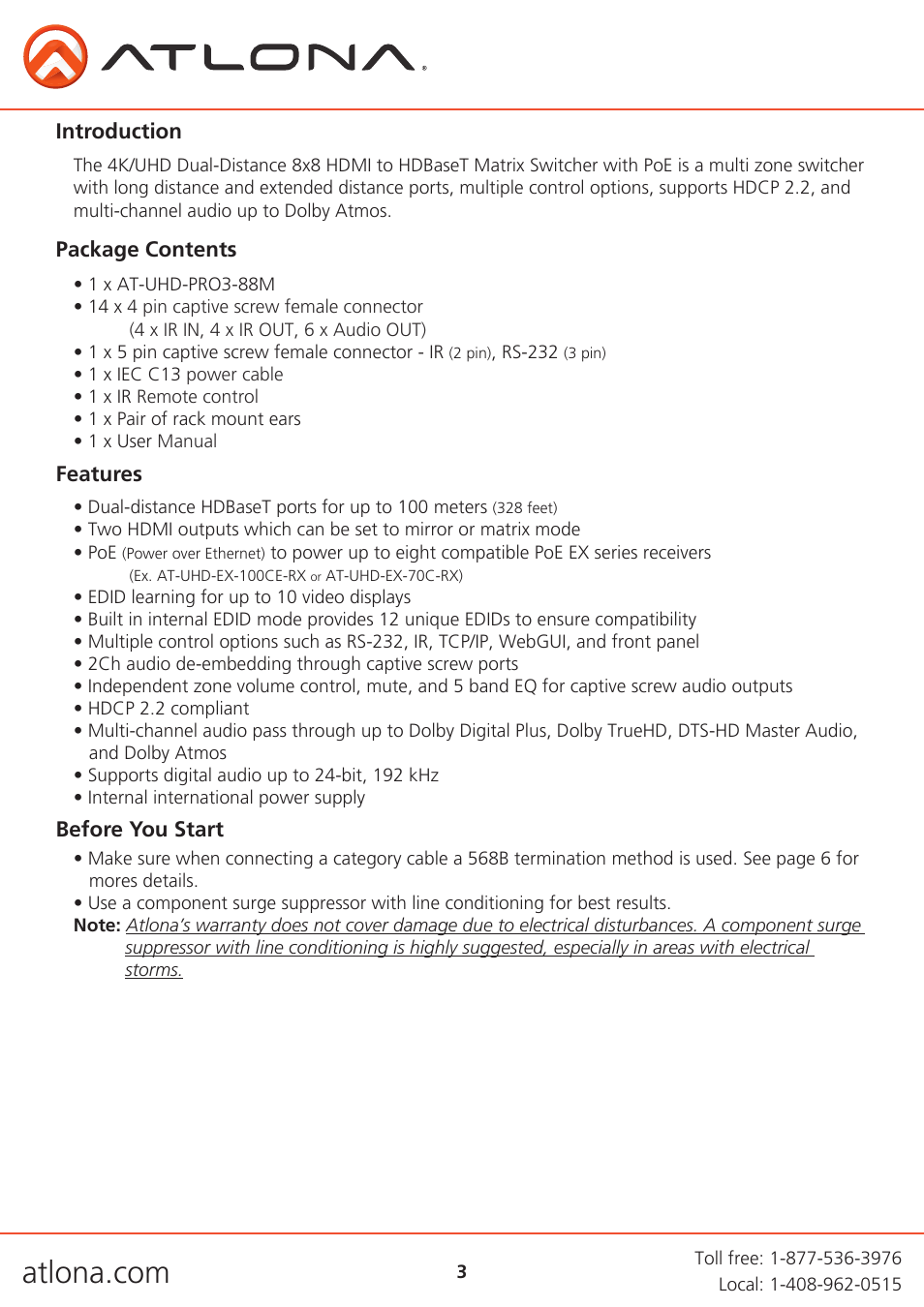 Atlona AT UHD PRO3-88M User Manual | Page 3 / 28