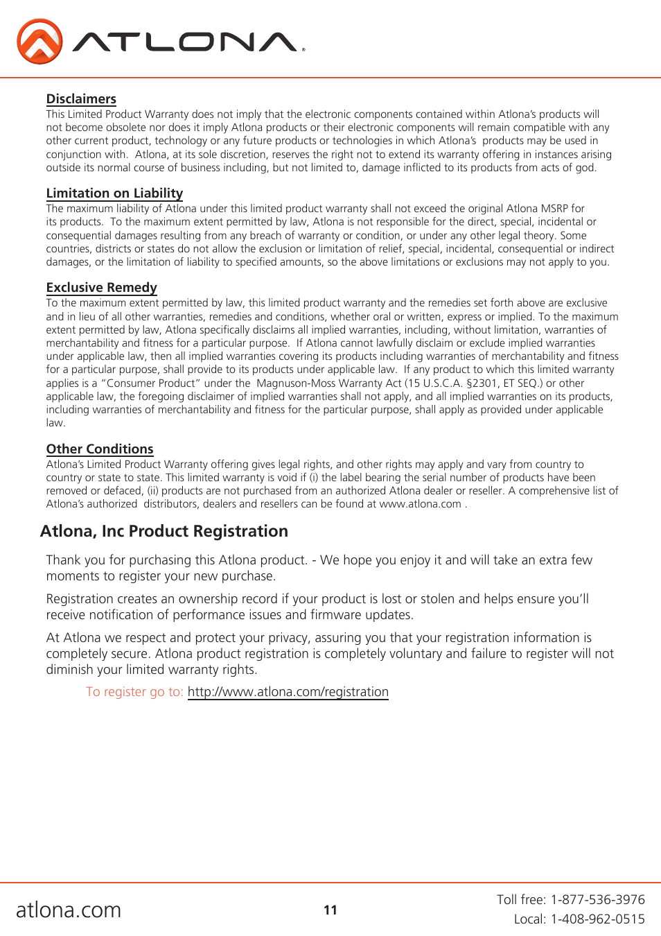 Atlona, inc product registration | Atlona AT UHD EX 70 User Manual | Page 11 / 11
