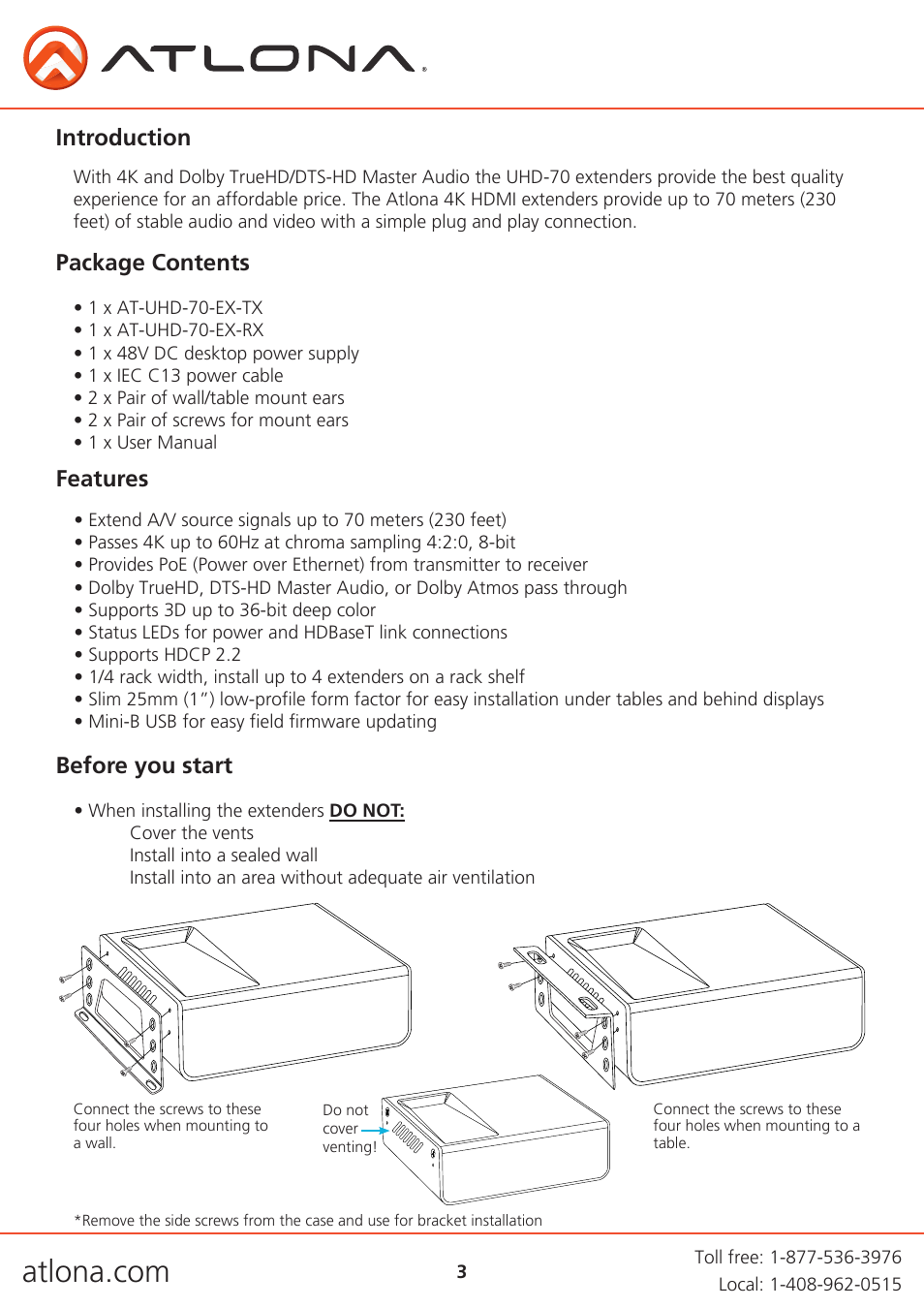 Introduction, Package contents features before you start | Atlona AT UHD EX 70 User Manual | Page 3 / 11