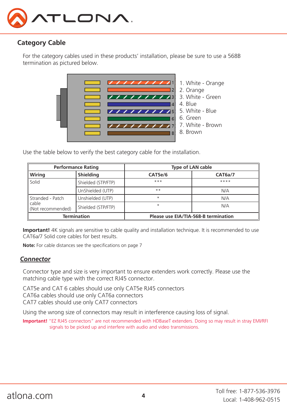 Category cable | Atlona AT UHD EX 70 User Manual | Page 4 / 11