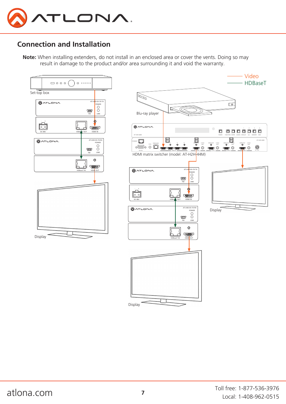 Connection and installation, Video hdbaset | Atlona AT UHD EX 70 User Manual | Page 7 / 11