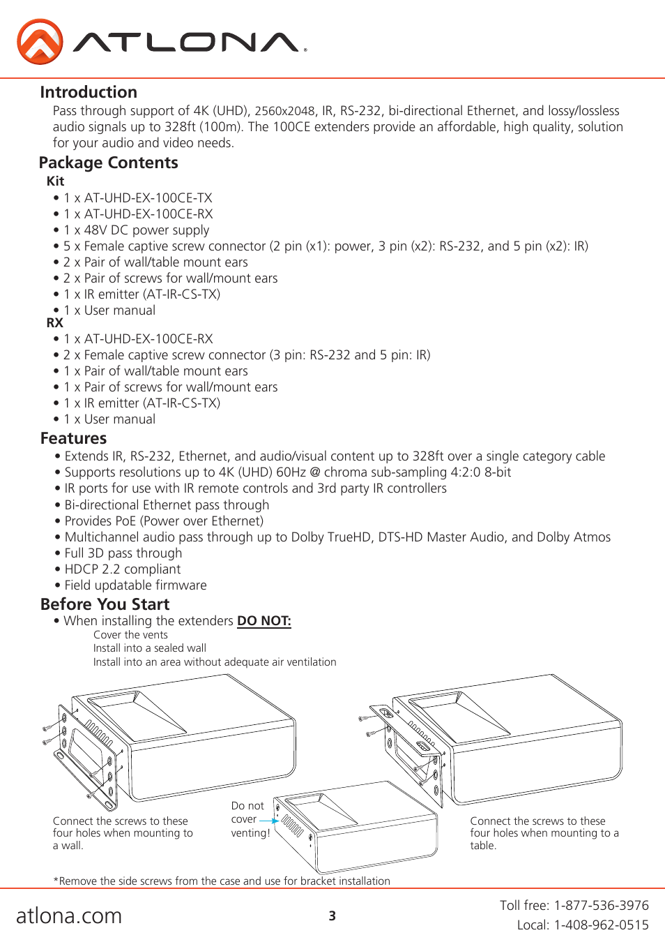 Introduction, Package contents, Features | Before you start | Atlona AT UHD EX 100CE User Manual | Page 3 / 14