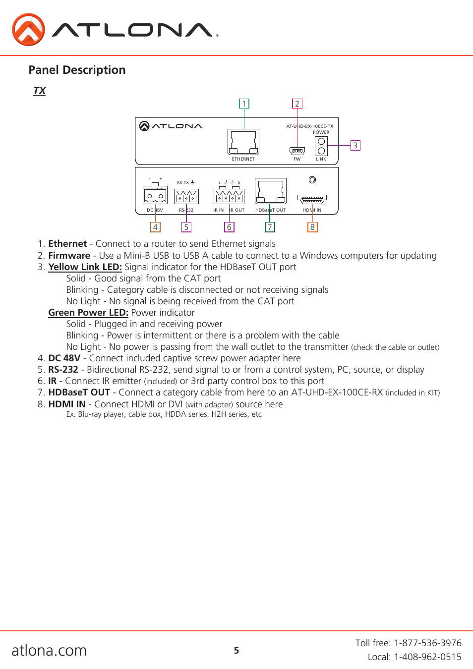 Panel description, Hdmi in - connect hdmi or dvi, Source here | Atlona AT UHD EX 100CE User Manual | Page 5 / 14