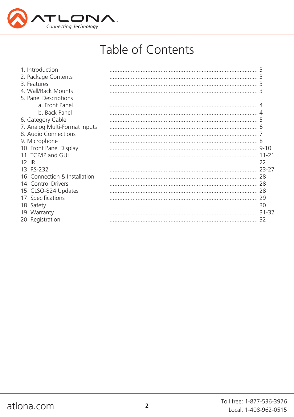 Atlona AT UHD CLSO 824 User Manual | Page 2 / 32