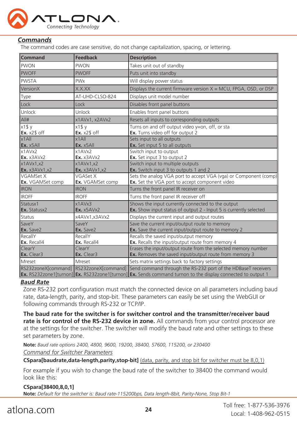 Commands | Atlona AT UHD CLSO 824 User Manual | Page 24 / 32