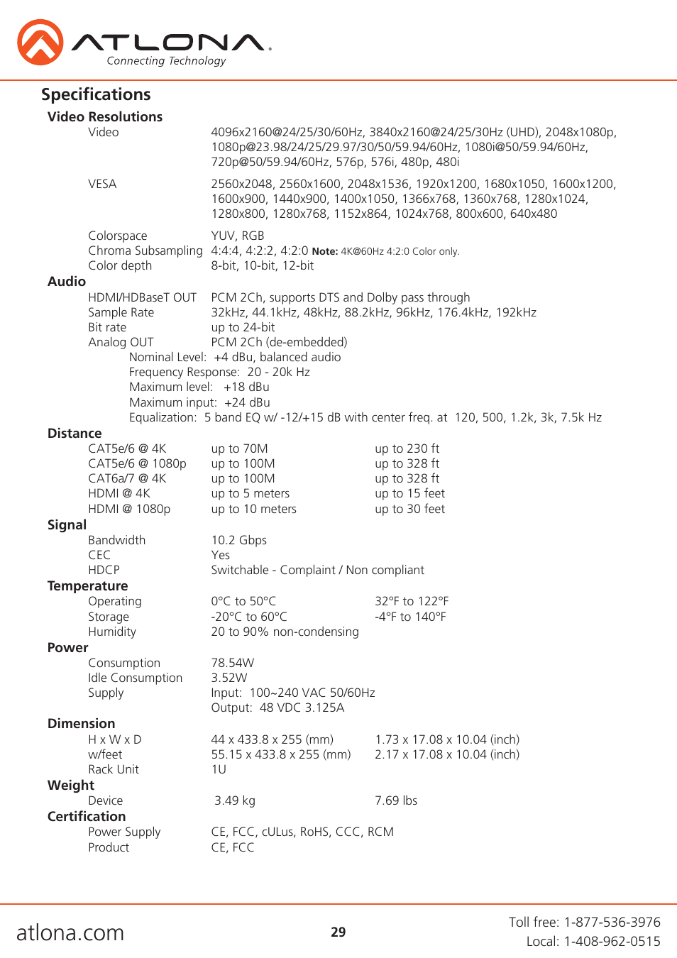 Specifications | Atlona AT UHD CLSO 824 User Manual | Page 29 / 32