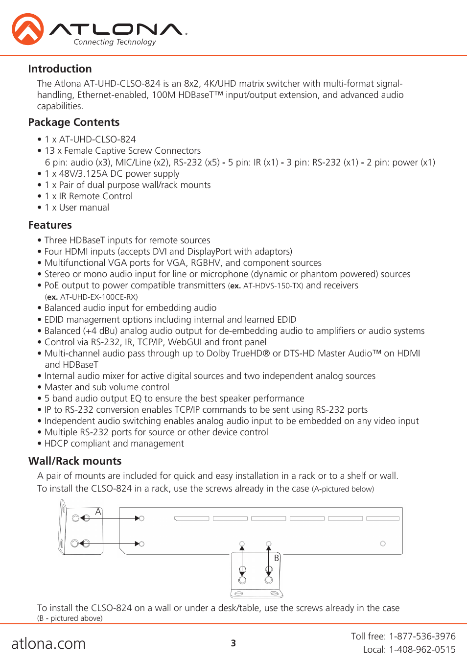 Introduction, Package contents features, Wall/rack mounts | Atlona AT UHD CLSO 824 User Manual | Page 3 / 32
